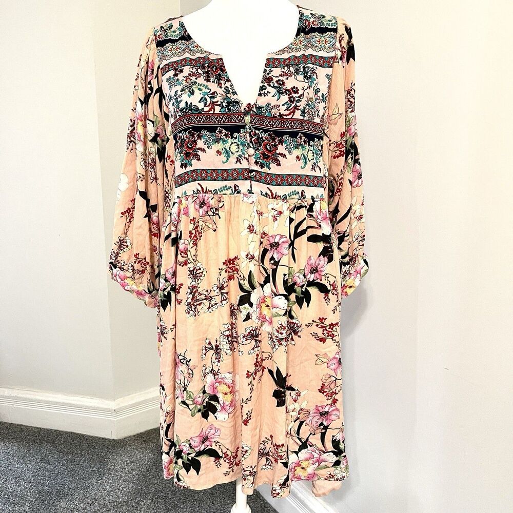 Umgee Dress Womens Size Large Multi Floral Boho Button Accent Long Sleeve
